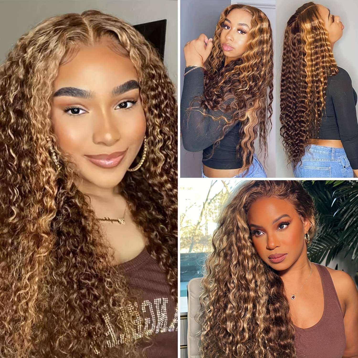 ハイクォリティ Deep Wave #30 Brown Lace Front Wigs Human Hair 4x4