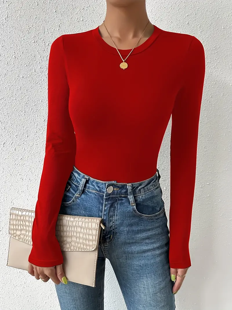 Basic Skinny Stretchy Top, Long Sleeve Crew Neck Solid T-shirts, Casual ...