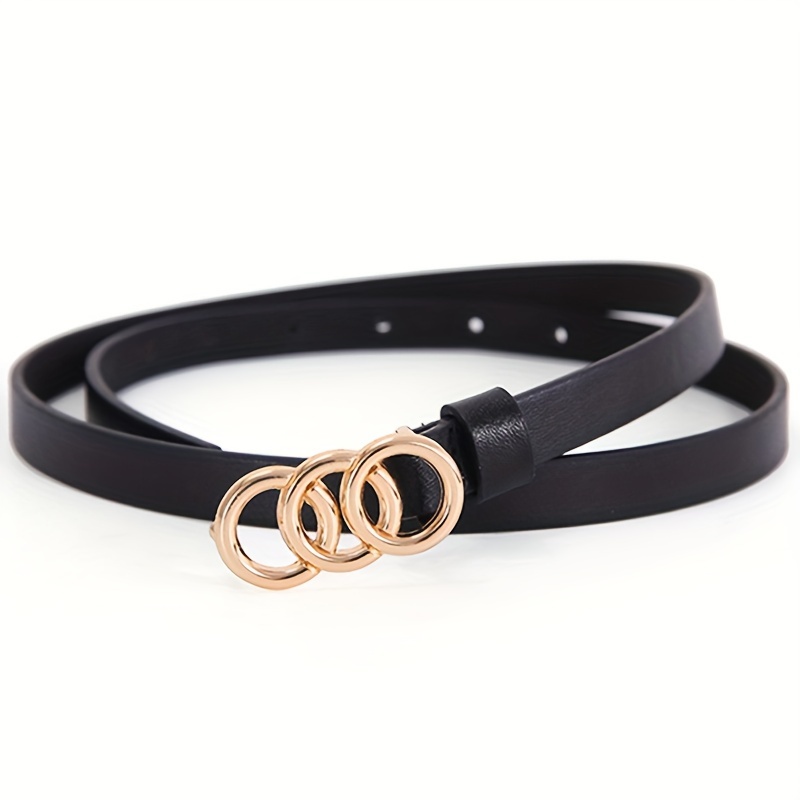 Golden Triple Ring Buckle Belts Simple Solid Color Pu - Temu