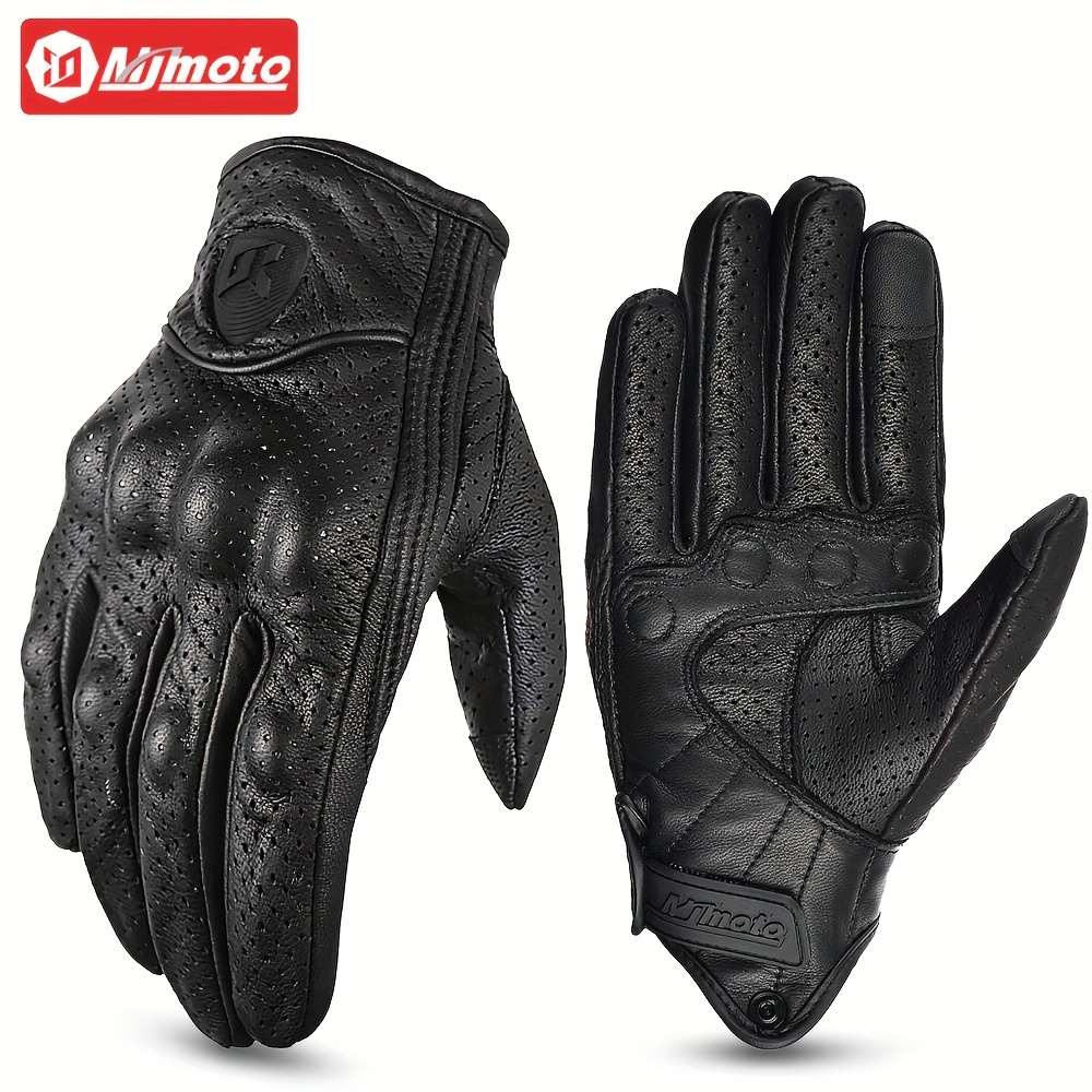 MJMOTO Summer Motorcycle Gloves Leather With Hole Men Motorbike Riding  Gloves Touch Screen Breathable Motocross Anti Fall Black Protector