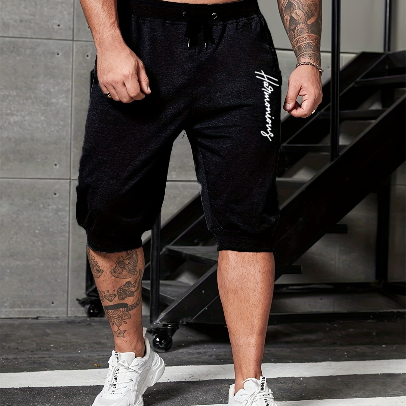 

Plus Size Men's Short For Gym And Workout, Letter Print Elastic Comfy Jogger Short Pant