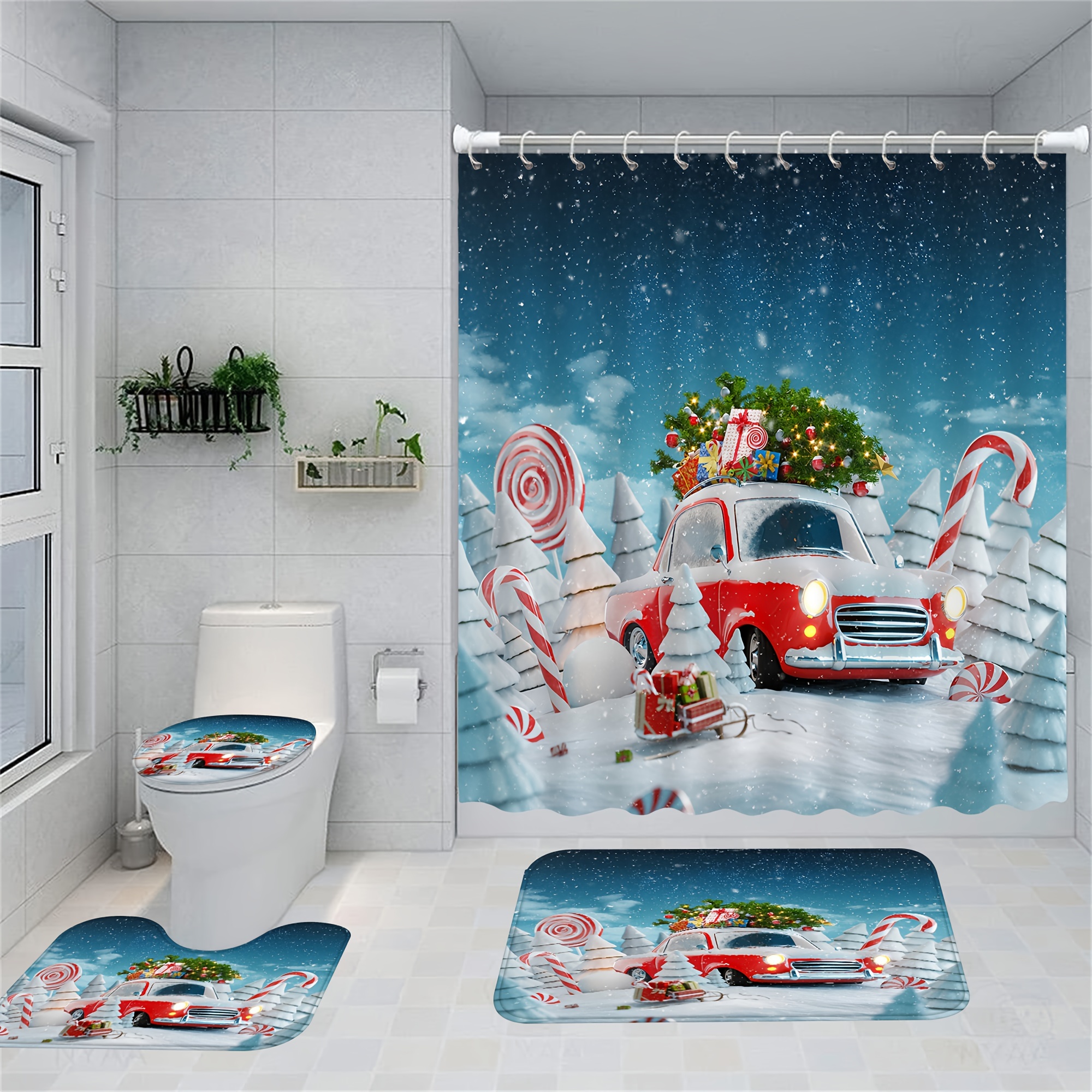 Juego 4 Cortinas Ducha Navideñas Divertida Cortina Baño - Temu Chile