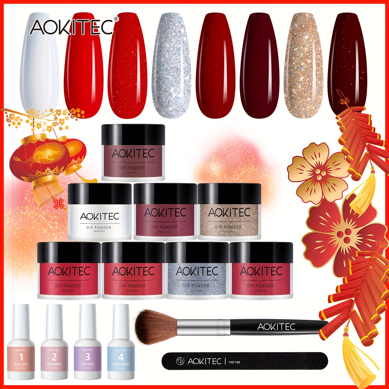 14pcs Aokitec Dip Powder Nail Kit For Halloween - 8 Colors With Glitter, Acrylic Liquid, Base, Top Coat, Brush Saver - Perfect For DIY Salon And French Nails Art Manicure - Women's Nail Care Kit