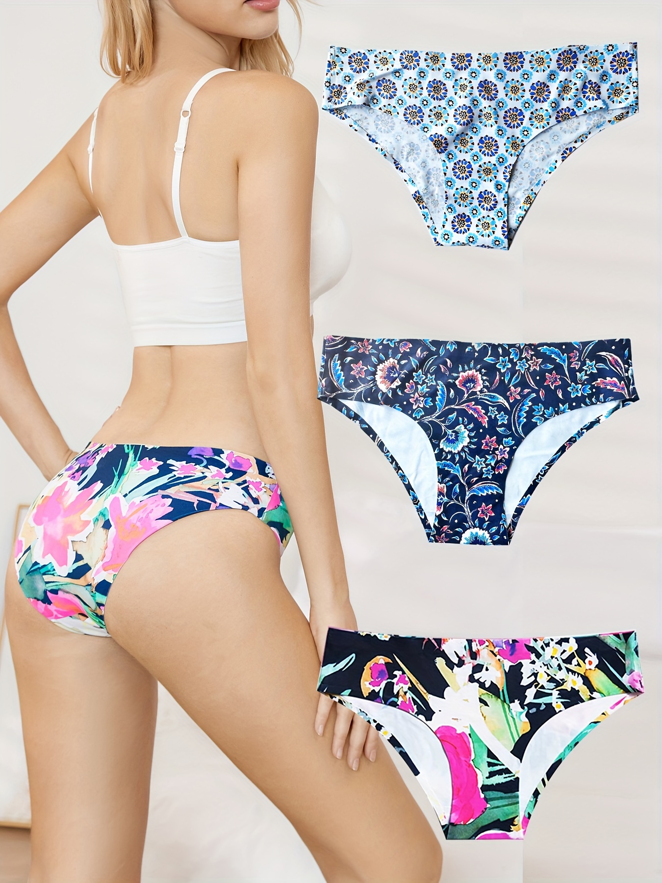 3pcs Floral Print Bikini Panties, Comfy & Breathable Stretchy Intimates  Panties, Women's Lingerie & Underwear