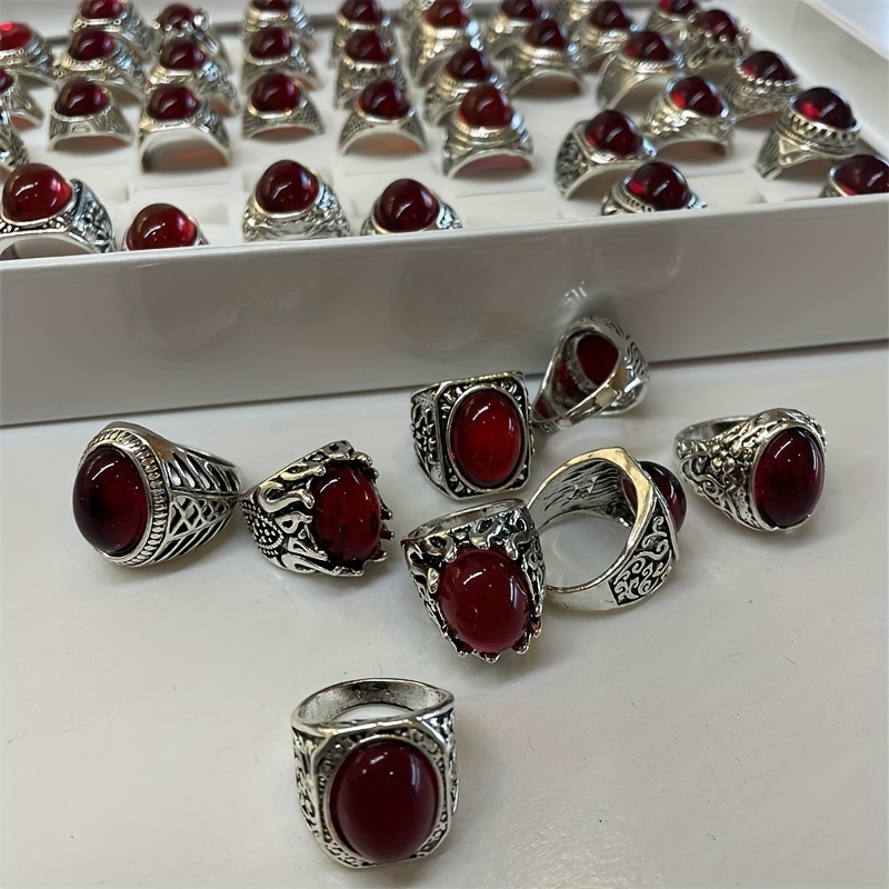 5pcs Set Men's Silvery Oval Red Stone Rings