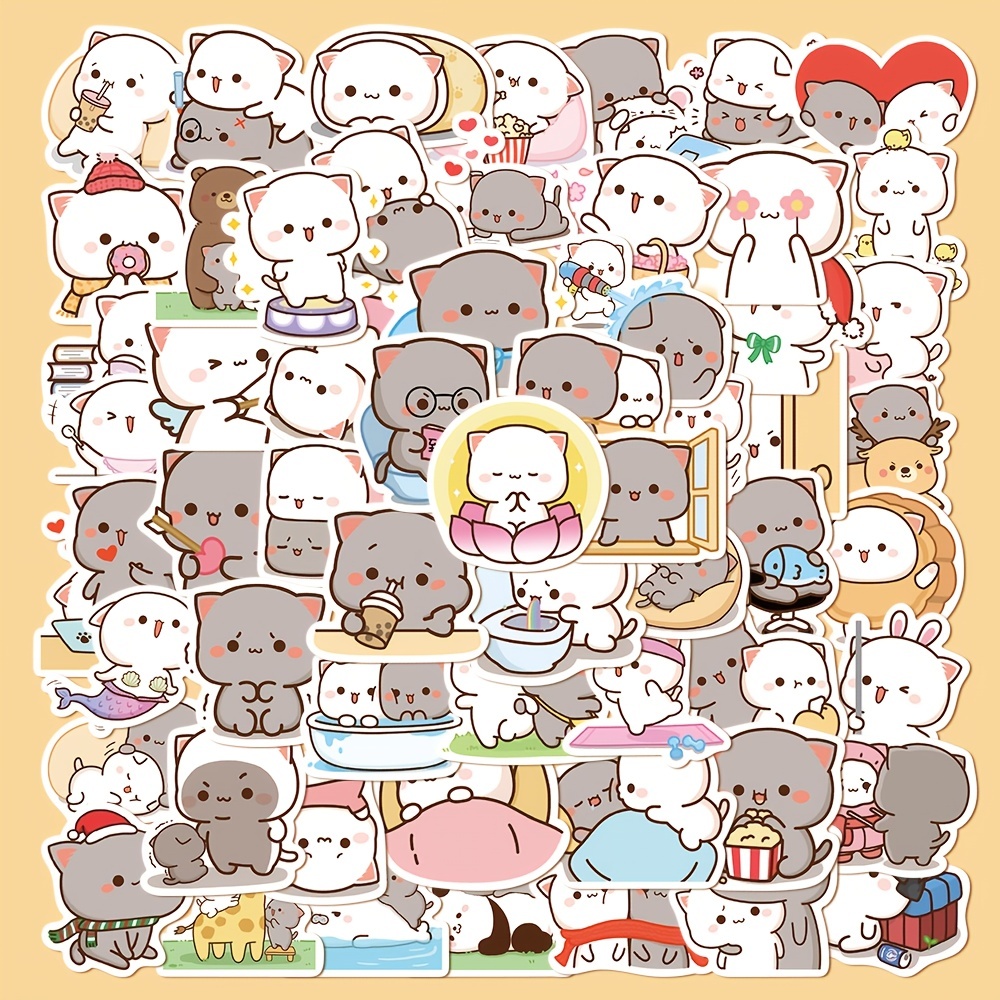 

60pcs Cartoon Cute Peach Cat Stickers, Decorative Stickers For Laptop Mobile Phone Case