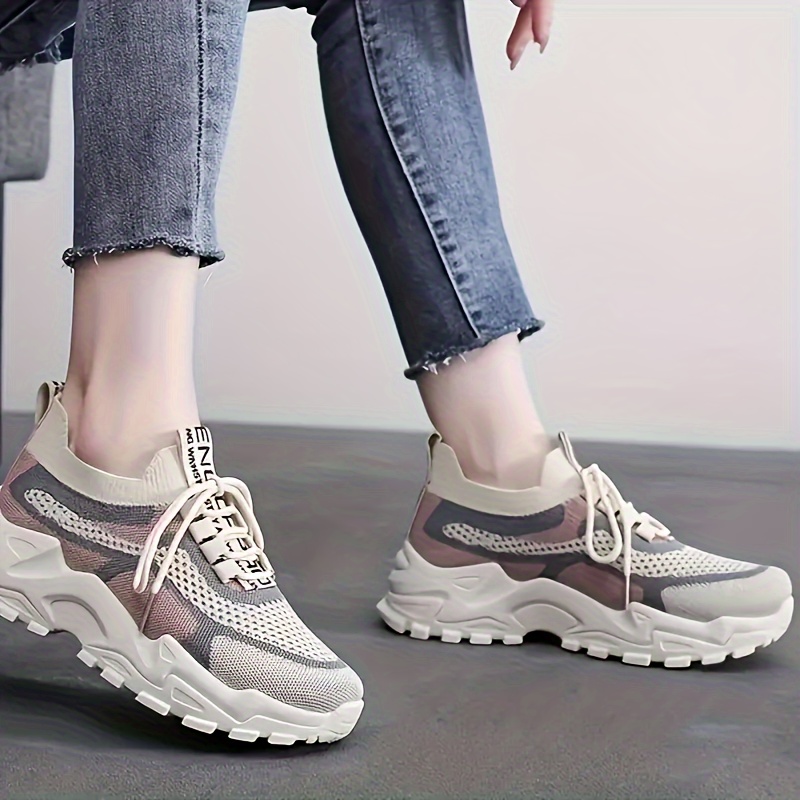 Women's Knit Chunky Sneakers Colorblock Lace Low Top Running - Temu