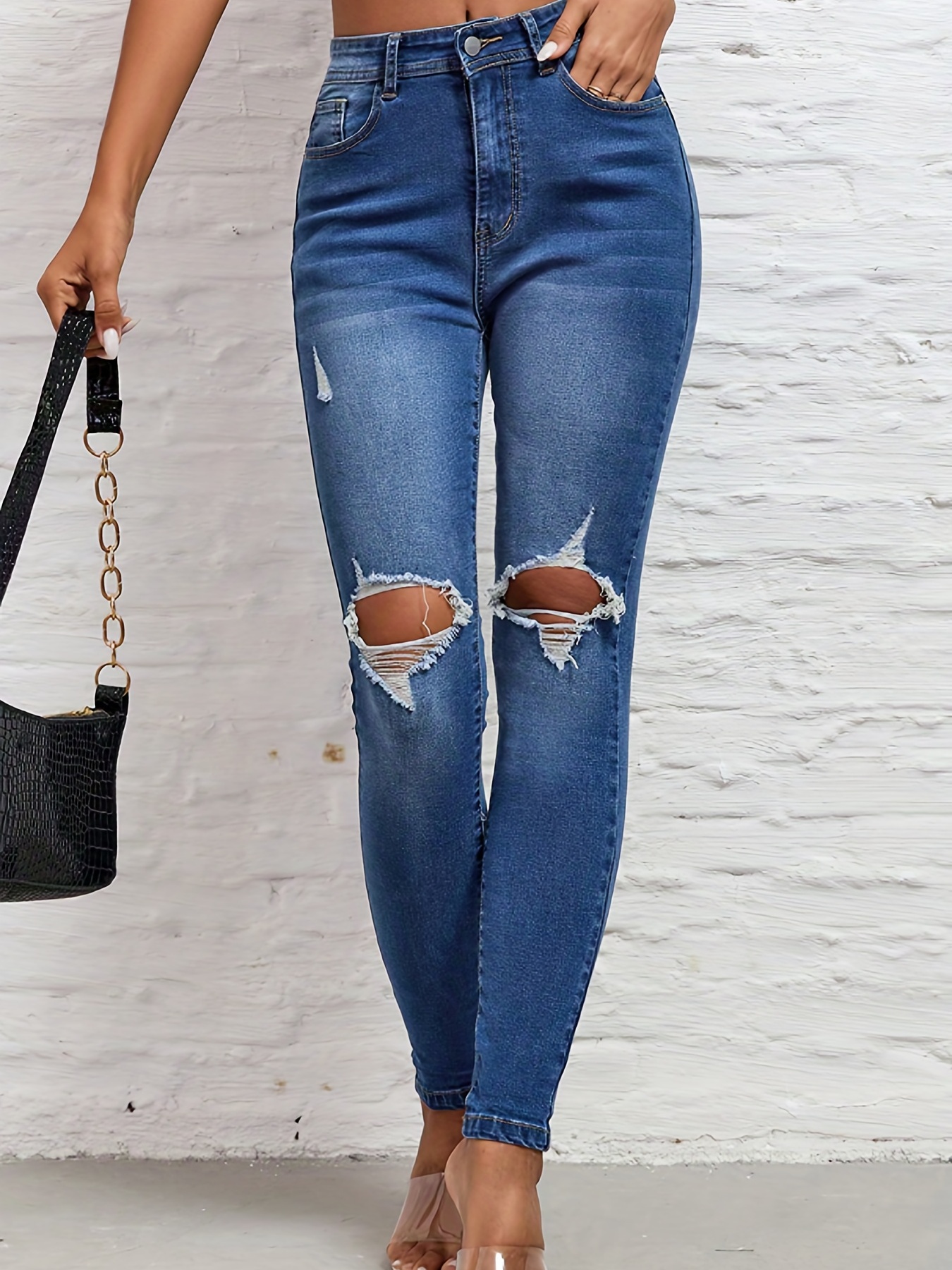 Destroyed Ripped Skinny Jeans Water Ripple Embossed High - Temu