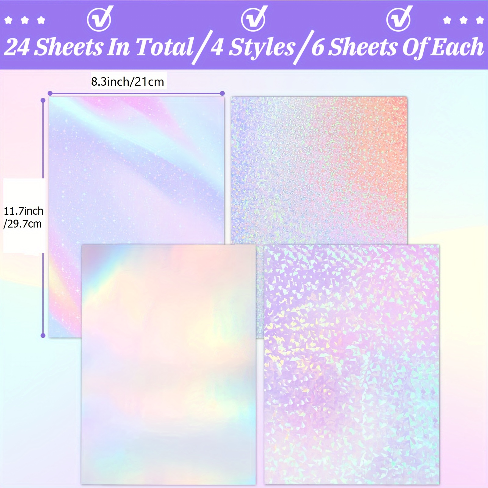 20Sheets Holographic Sticker Paper Clear A4 Vinyl Sticker Paper  Self-Adhesive Waterproof Transparent Film with Gem Spot Rainbow Star  Patterns, 11.7 x 8.3 Inch (Gem, Dot, Colorful, Star)