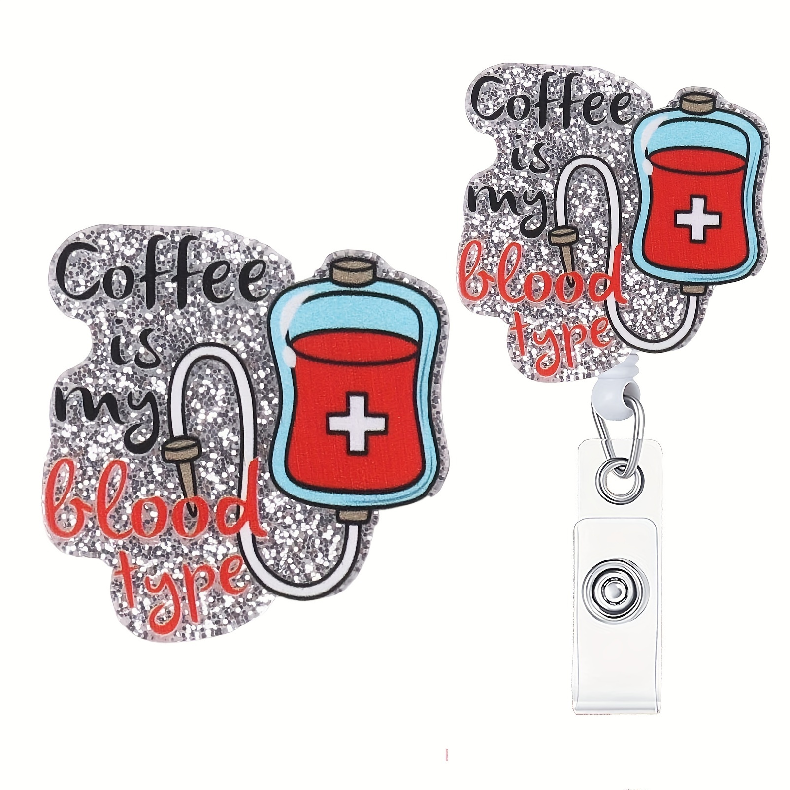 1pc Nurse Retractable Badge Reel with Clip Coffee Is My Blood Type ID Badge Holder Cute Bandaid Badge Funny Glitter Badge Reel Gift for Rn LPN Cna
