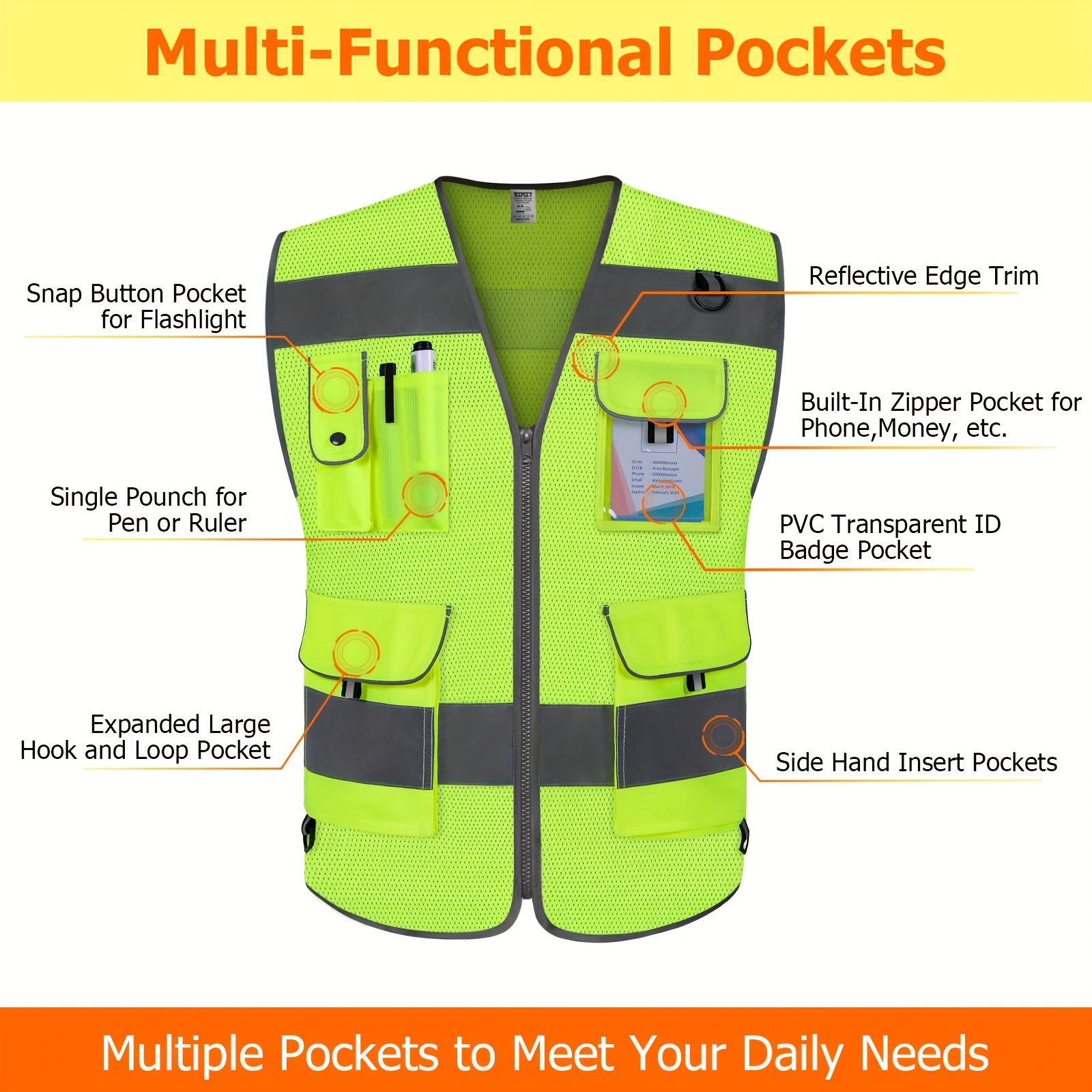 Chaleco de seguridad reflectante de alta visibilidad, chaleco de trabajo de  construcción para hombres y mujeres, con múltiples bolsillos y cremallera