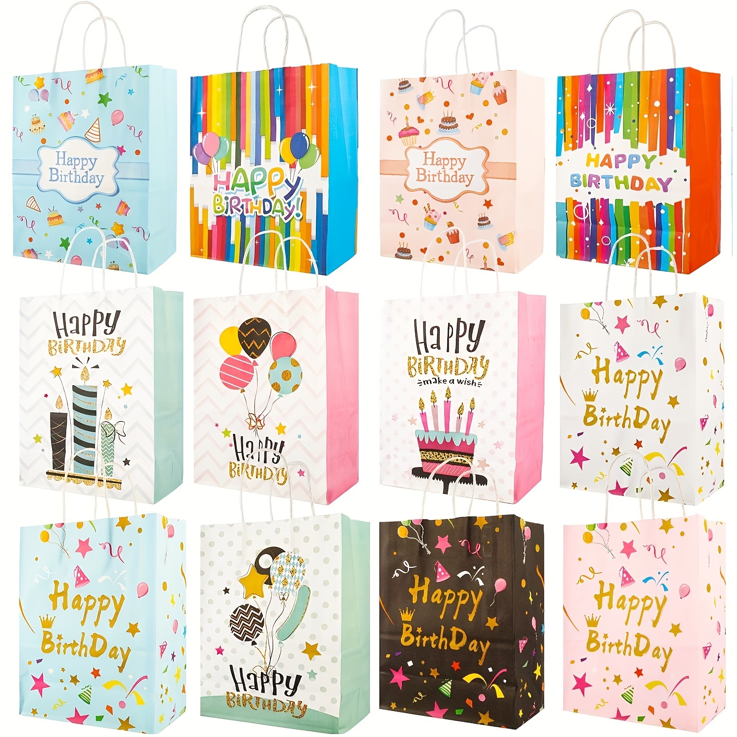 Pack de 12 bolsas de feliz cumpleaños, 21 x 15 x 8 cm bolsas de regalo  bolsas de feliz cumpleaños bolsas de papel kraft de colores con asas para cumpleaños  infantiles luna