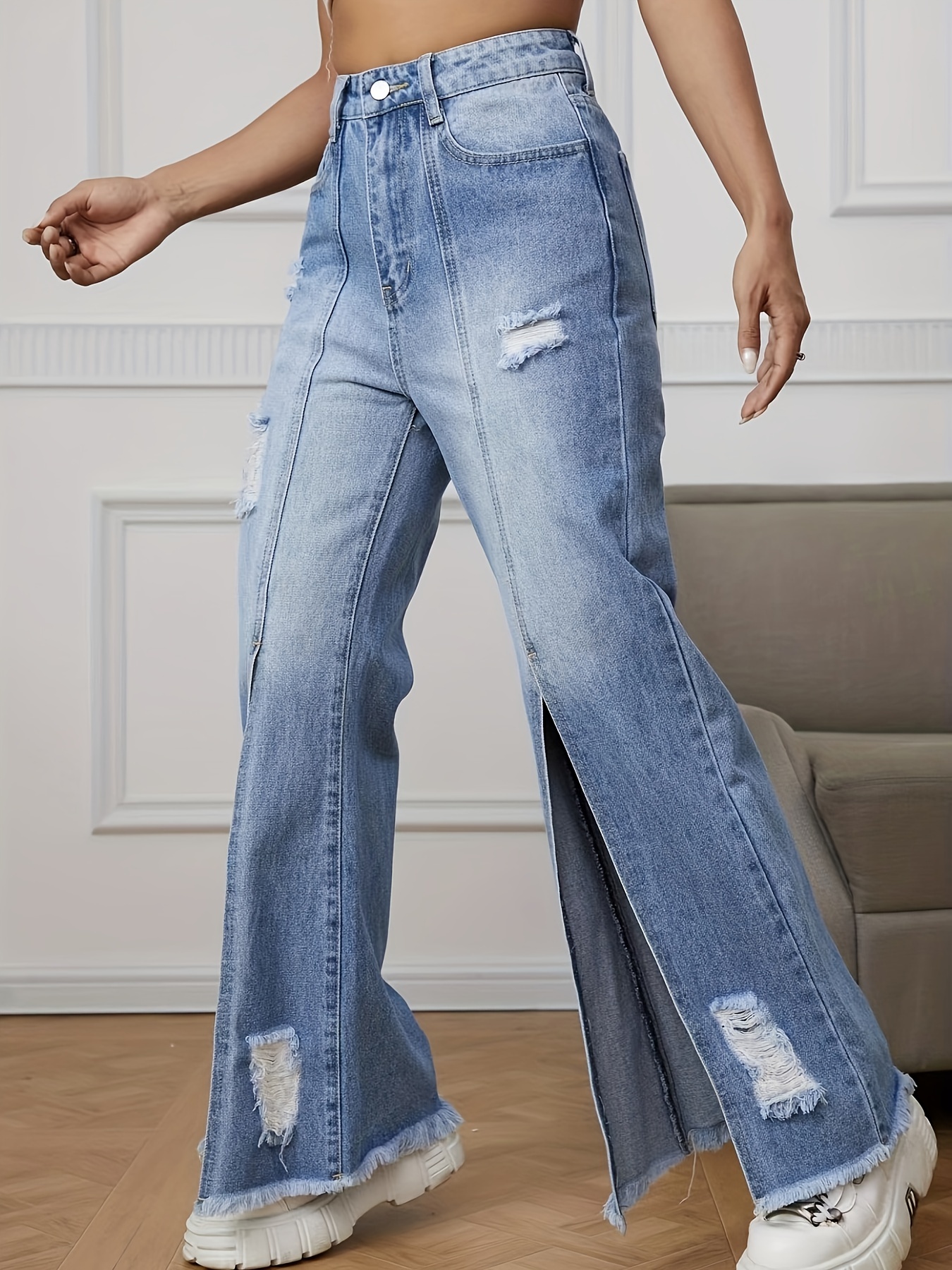 High Waisted Split Hem Zipper Up Jeans