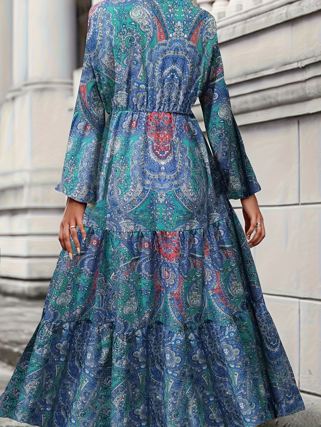 Paisley Print High Waist Dress, Boho Tiered Long Sleeve Maxi Dress, Women's  Clothing