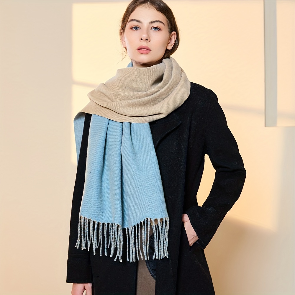 1pc Solid Color Dual-color Faux Cashmere Long Scarf With Tassels