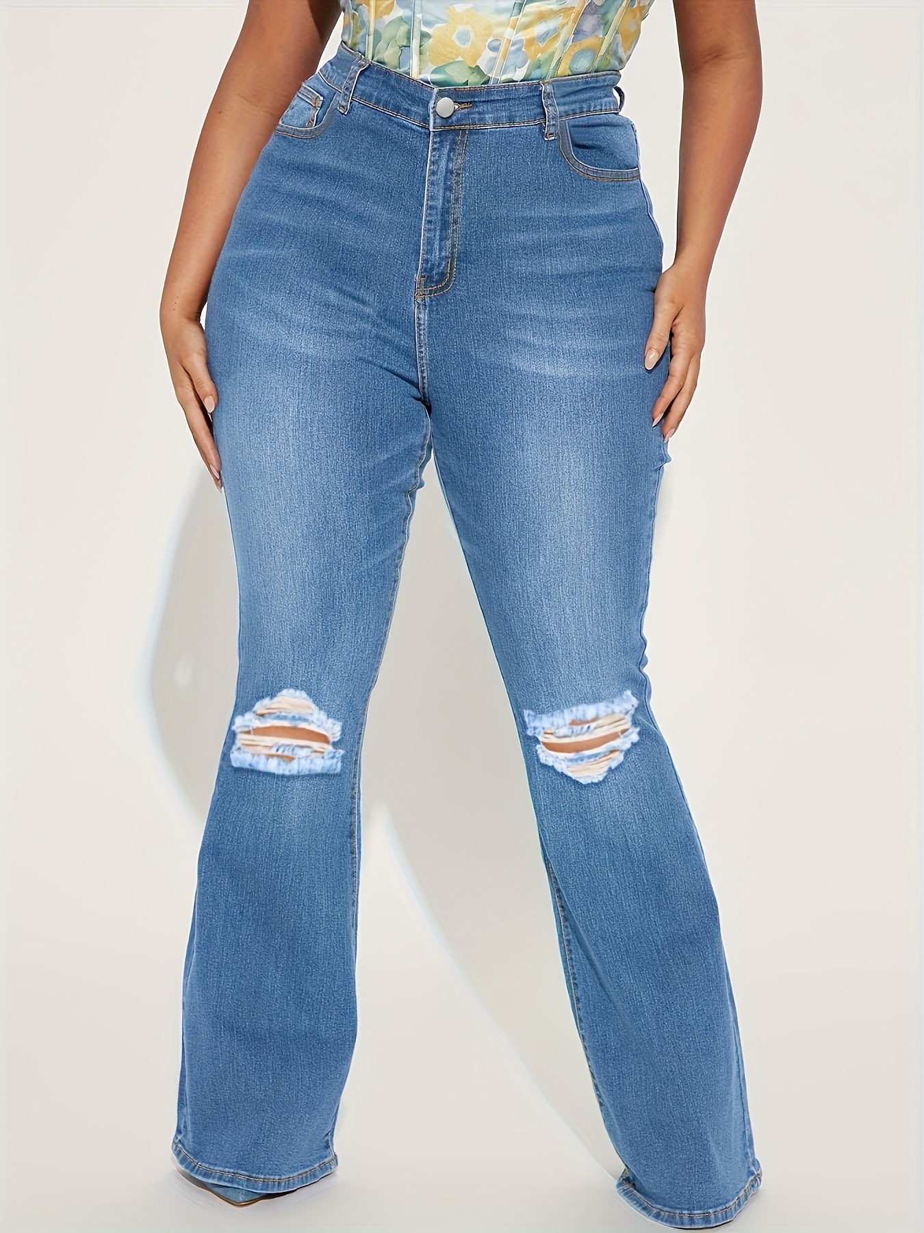 Plus Size Solid Flared Leg Jeans, Women's Plus Ripped Fringe Trim Button  Fly Flared Leg Jeans