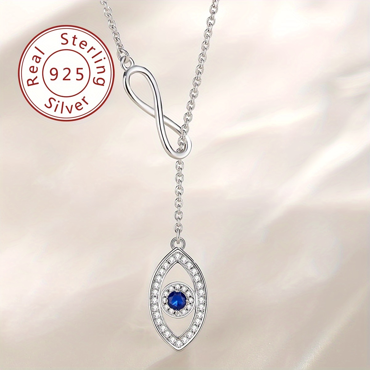 

1pc Sterling Silver 925 Infinity Evil Eye Pendant Necklace With Blue And Synthetic Zirconia, Simple Elegant Clavicle Chain, Silver Plated, Valentine's Day Gift, Jewelry - 2.2g