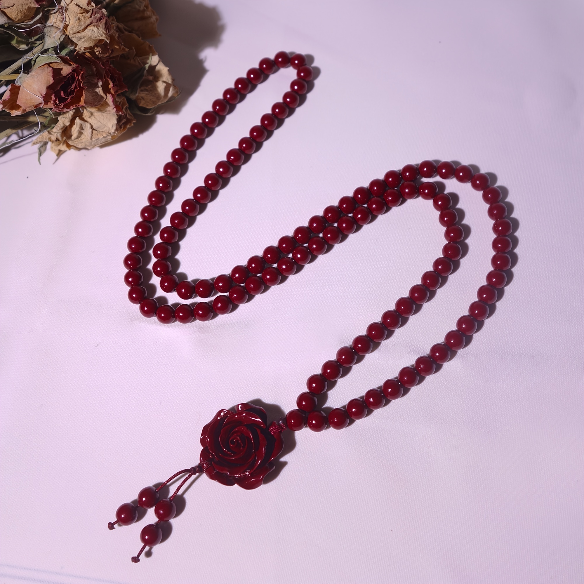 TEMU Elegant Vinegar Stone Necklace With Red Rose Pendant - Charm, Perfect Gift, No Electroplating, Charm Necklace