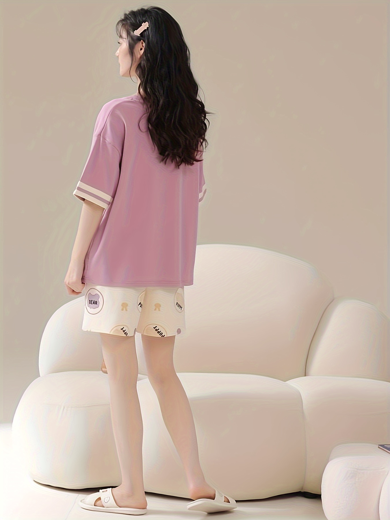 Bear Print Pajama Set Crew Neck Short Sleeve Top & Shorts