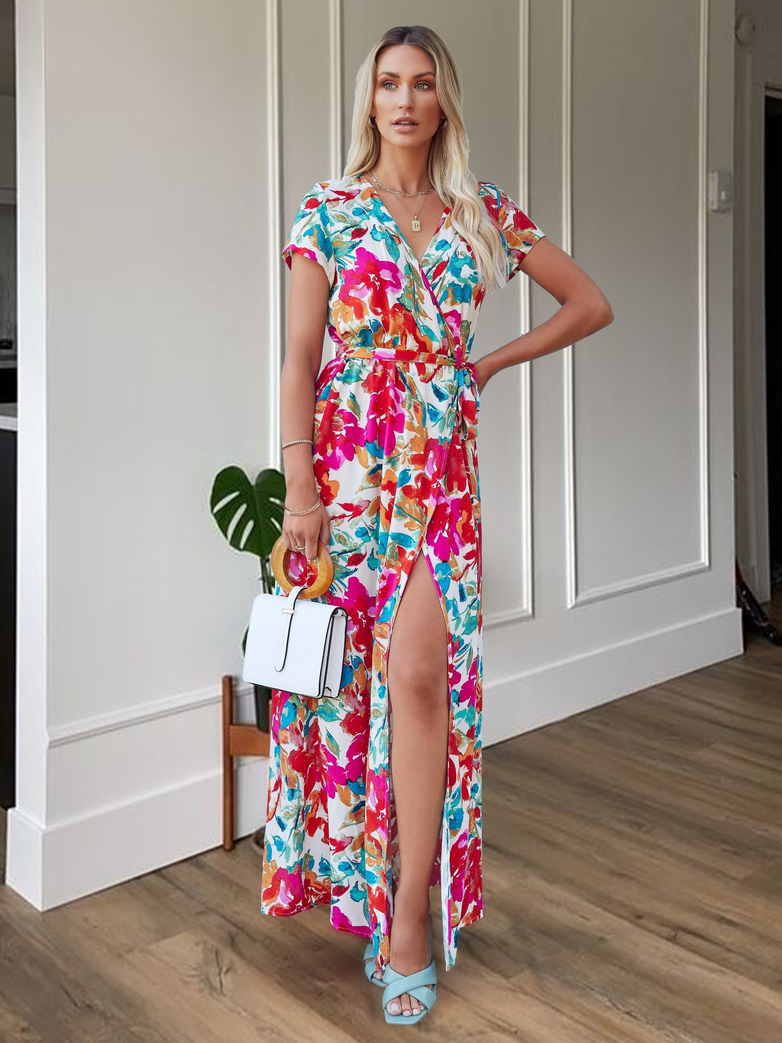 Floral Print Maxi Wrap Dress Short Sleeve V Neck Casual - Temu