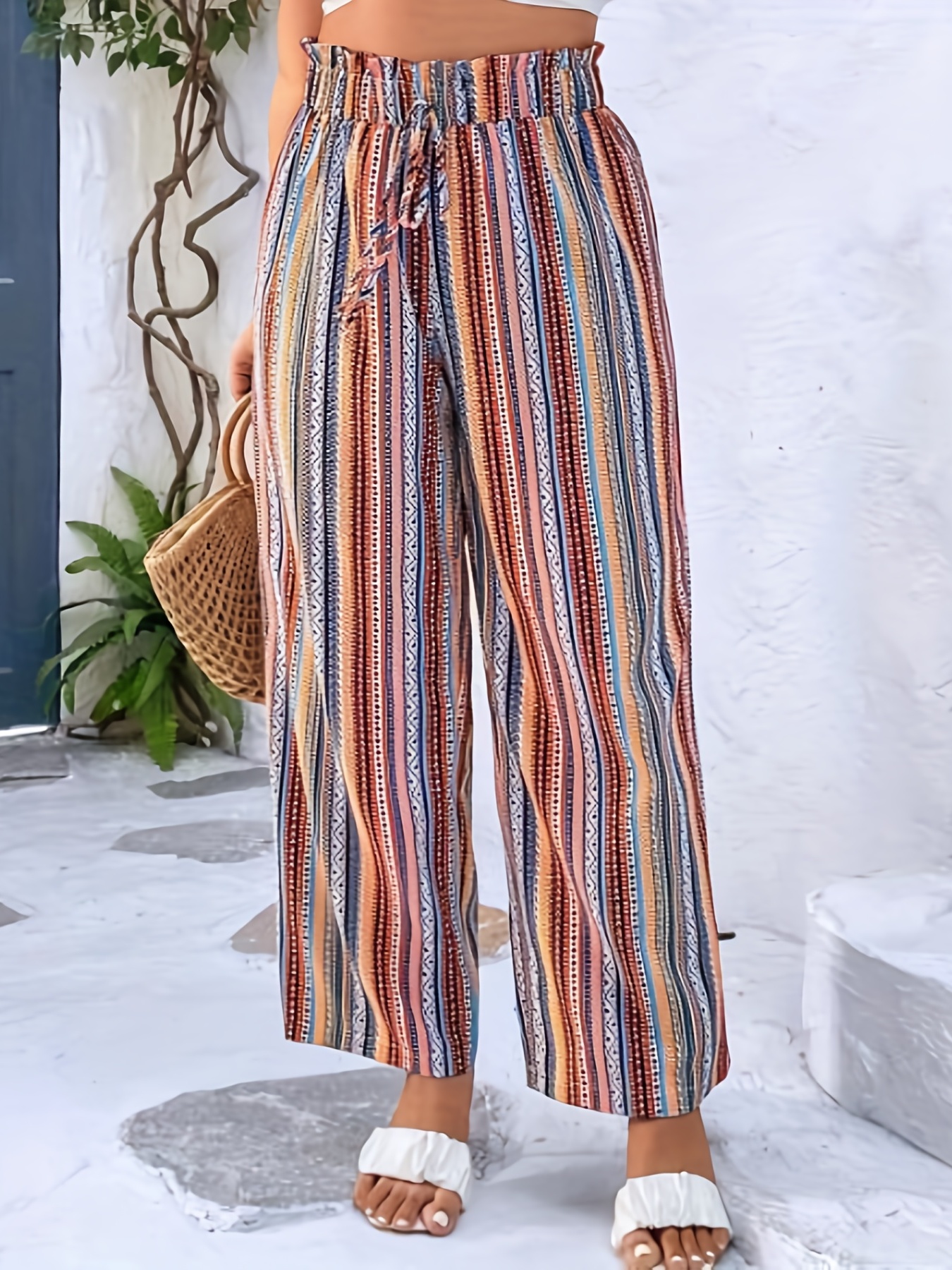 Plus Size Boho Pants Women's Plus Colorblock Geometric Print