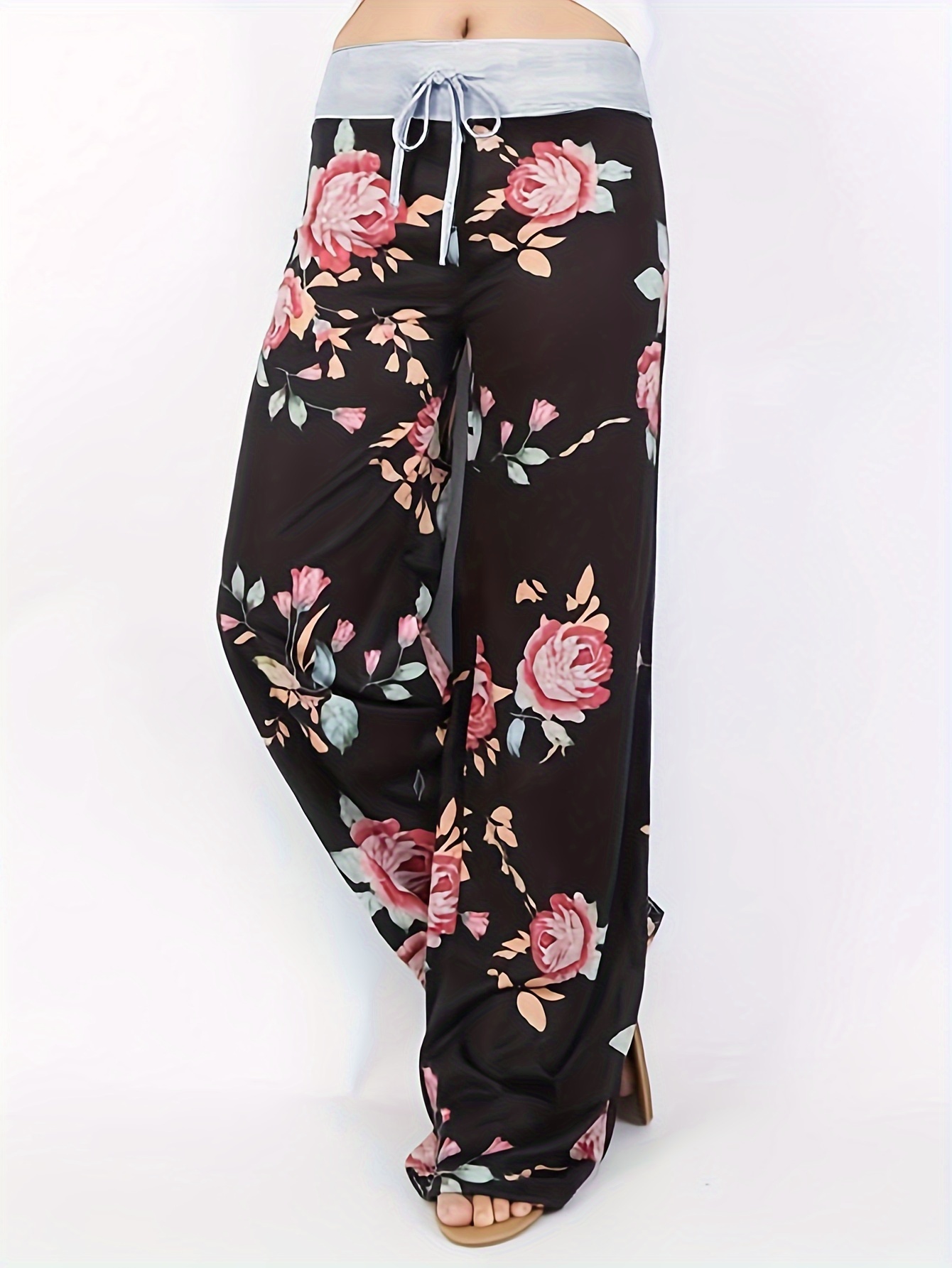 Summer New Style Womens Casual Floral Wide Leg Pants size L colour Black