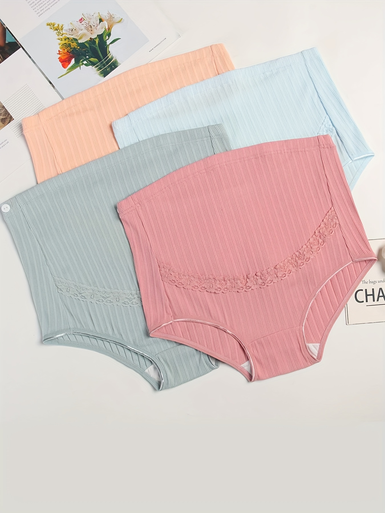 4pcs Lace Cotton Maternity Panties, High Waist Design