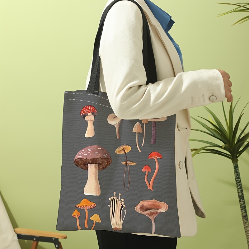 Mushroom Print Canvas Tote Bag Large Capacity Shoulder Bag - Temu