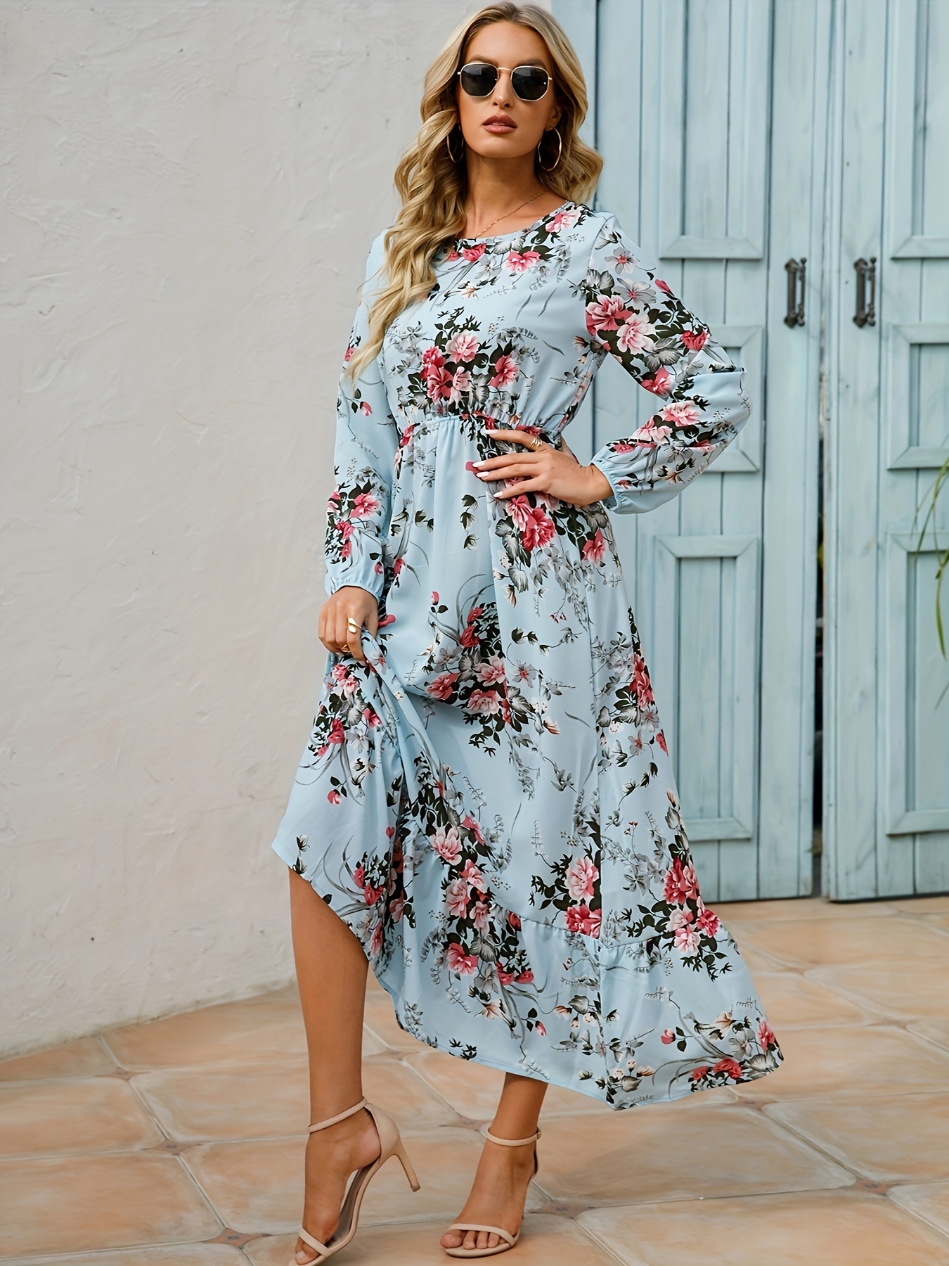 ditsy floral print dress vacation crew neck long sleeve maxi dress womens clothing