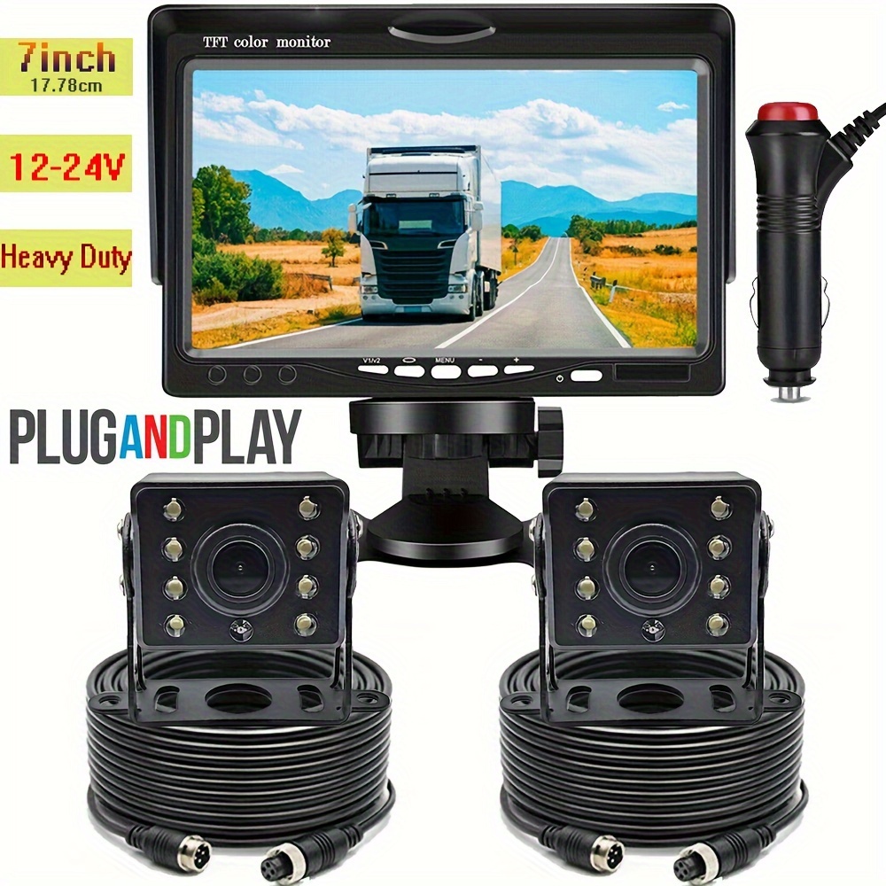 Eosnow Moniteur de recul de voiture 7 pouces 12 à 24 V, grand angle de 170  degrés, écran LCD couleur HD, entrée vidéo bidirectionnelle pour camion,  remorque, van, véhicules, caméra à trou rond