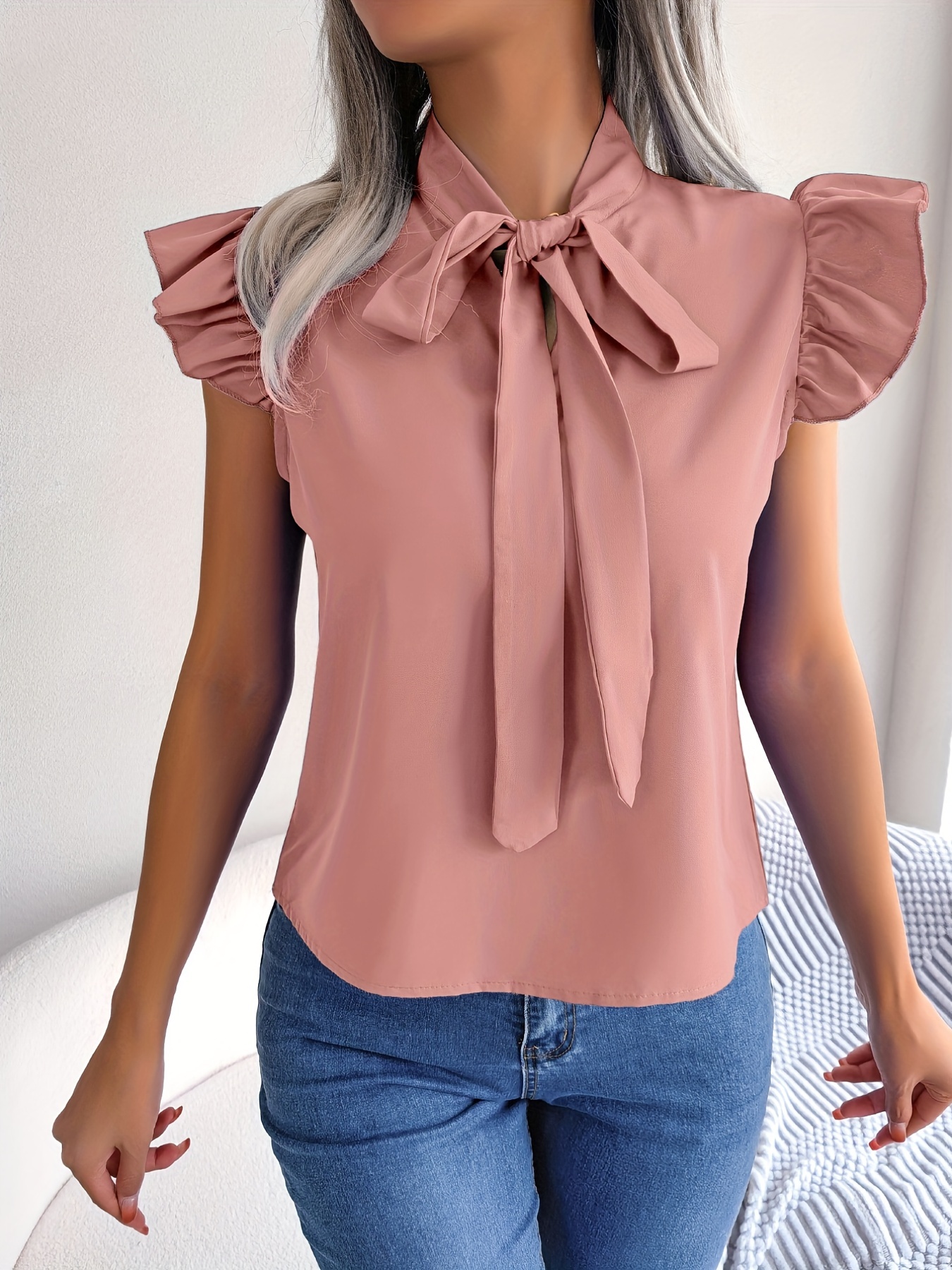 Women Front Frilly Bow Tie Ruffle Solid Chiffon Blouse Long Sleeve