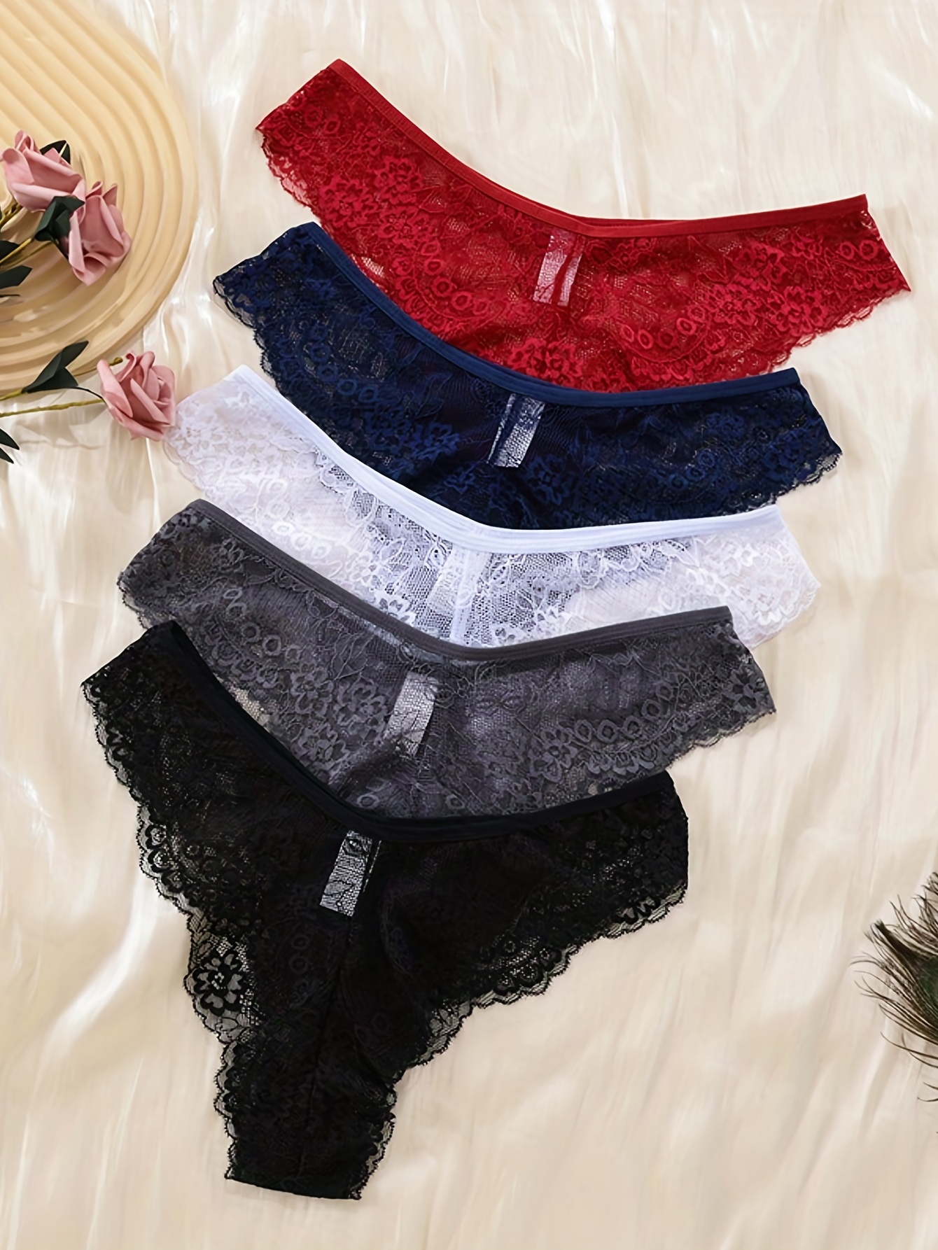 5pcs Floral Lace Panties, Seamless Hollow Out Breathable Panties, Women's  Lingerie & Underwear