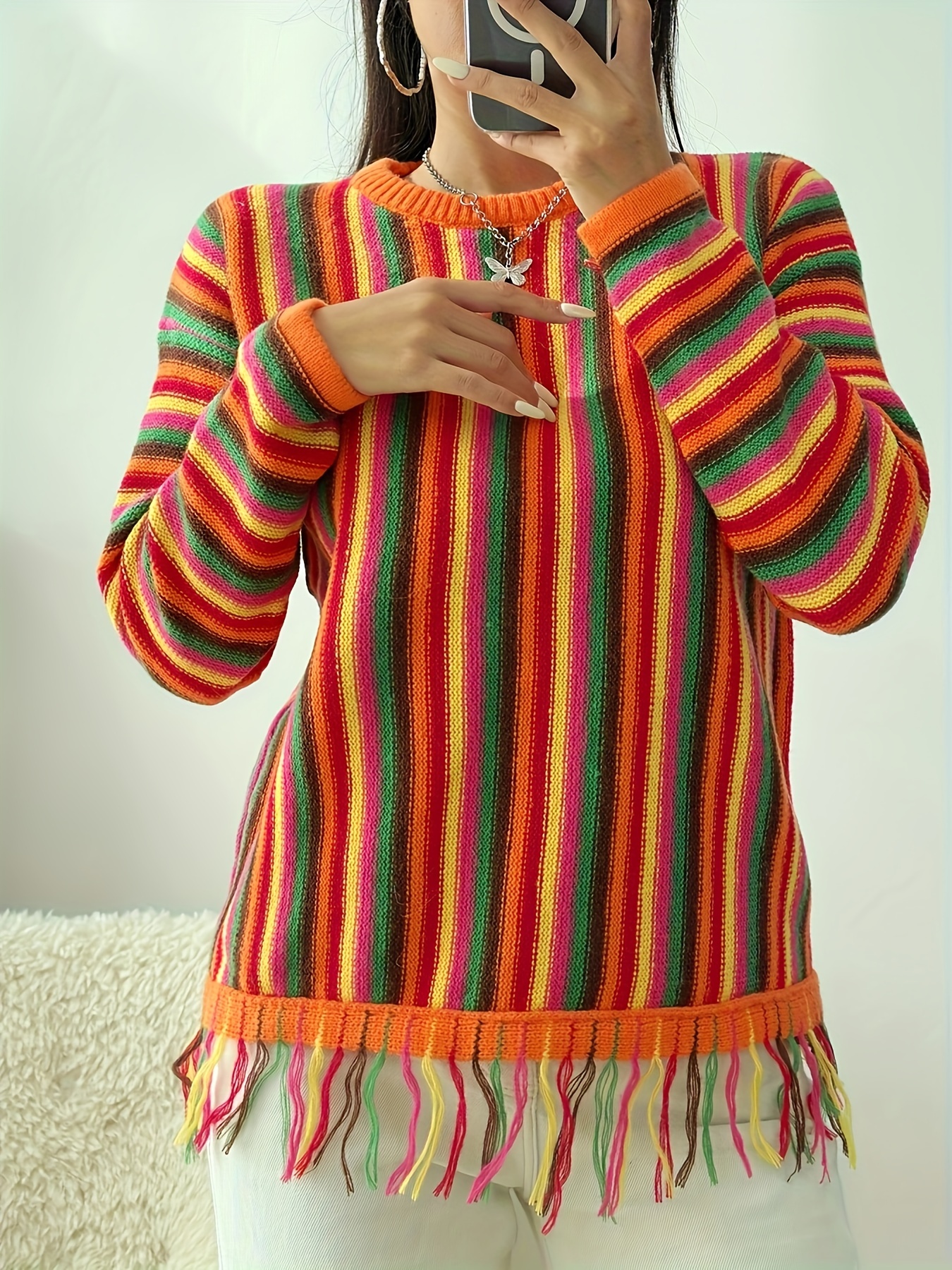 Women's Boho Sweater - Multi Color Striped Pullover