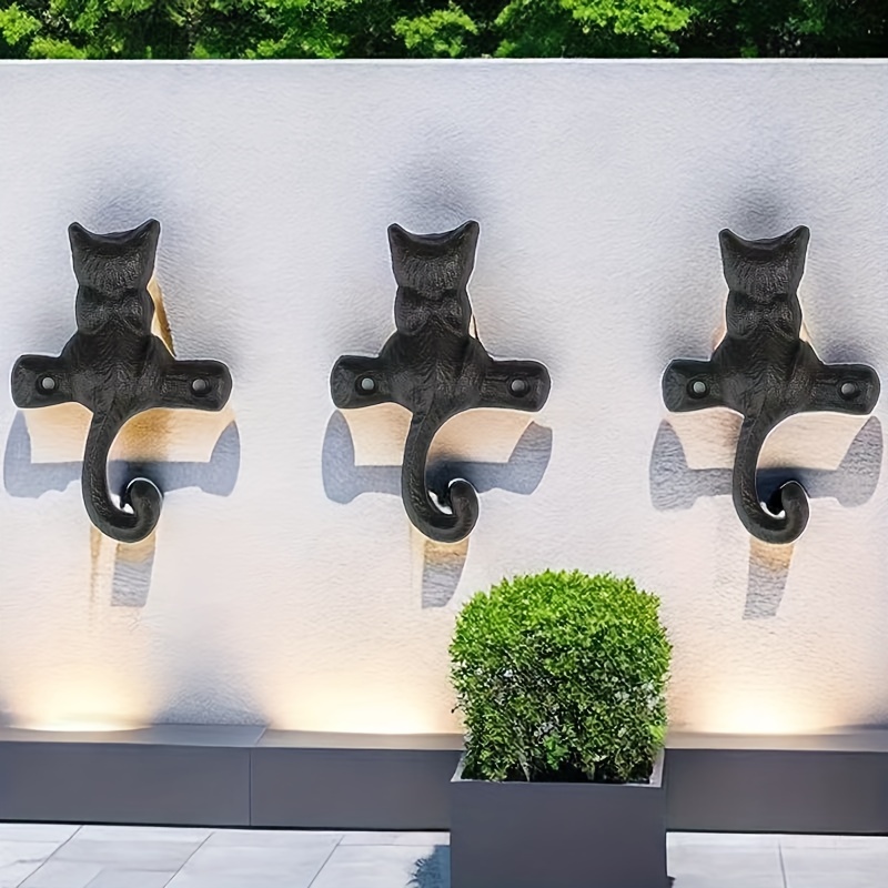 set of 3 Cat Kitten Kitty Coat Hooks key Wall rustic cast iron