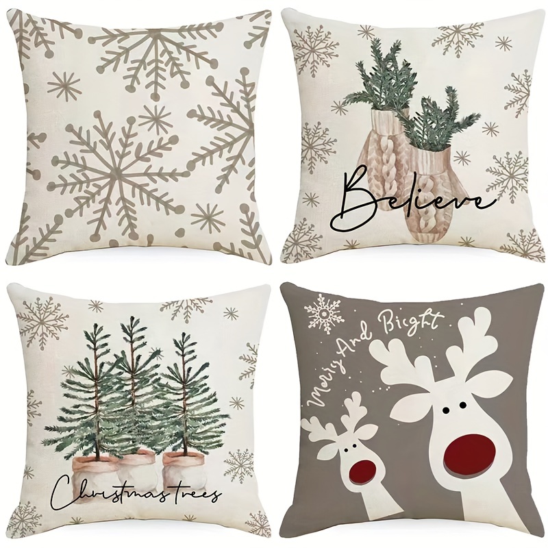 4pcs/set Christmas Linen Blend Throw Pillow Case, Square Cushion Case,  Decorative Pillow Cover For Living Room Bedroom Couch Sofa, Home Decor Room  Dec