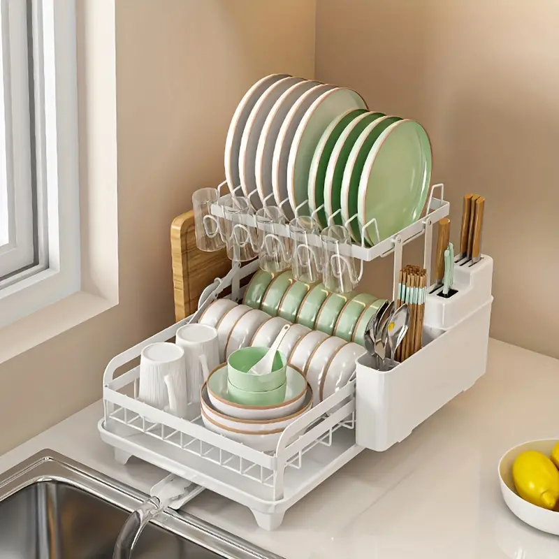 2-tier Dish Drying Rack With Drainboard Set, Over The Sink Dish