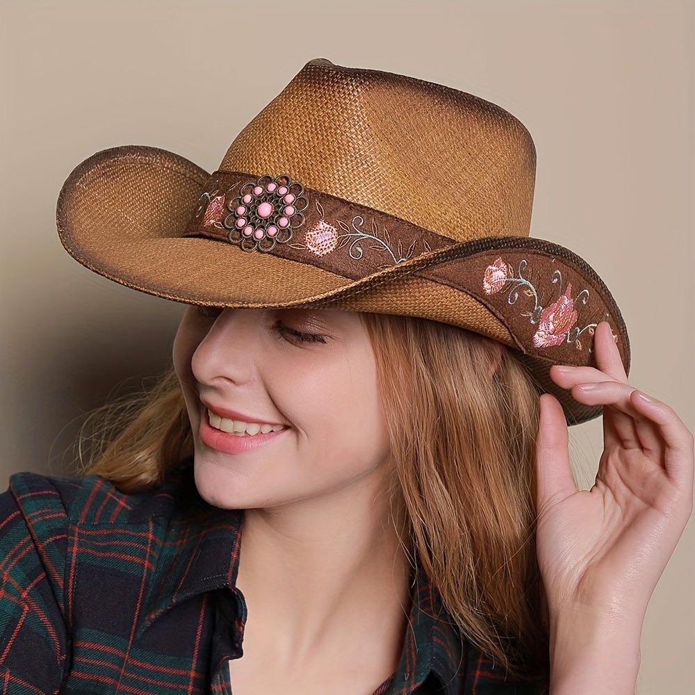 Vintage Western Cowgirl Straw Cap Pink Flower Cowboy Beach Sunhat