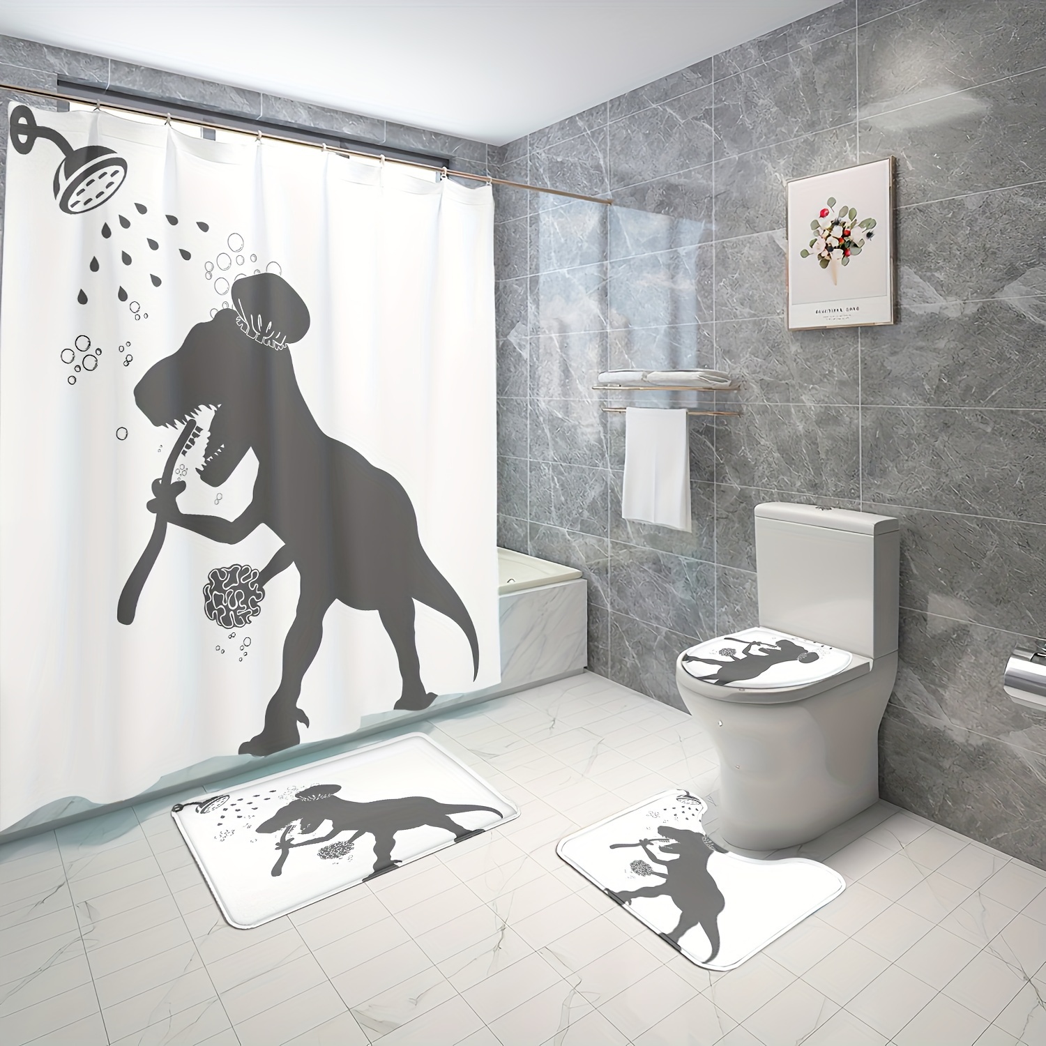 Bathroom Decoration Shower Curtain Set Gray White Tooth - Temu United  Kingdom