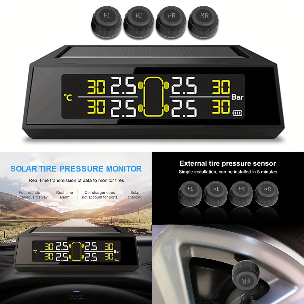 Tire Pressure Monitoring System Wireless Solar Tpms With 4 External Sensors,  Real-time Display Temperature Pressure 22-87 Psi For Car Rv Suv Mpv Sedan -  Temu