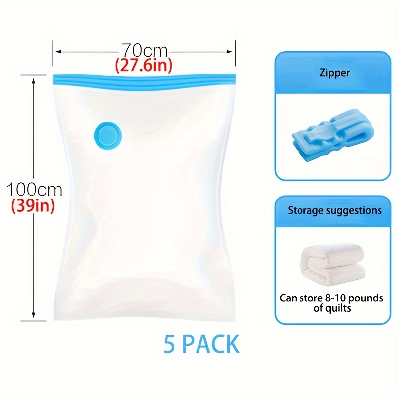 5pcs Vacuum Storage Bags With Pump Travel Seal Zipper For Clothes