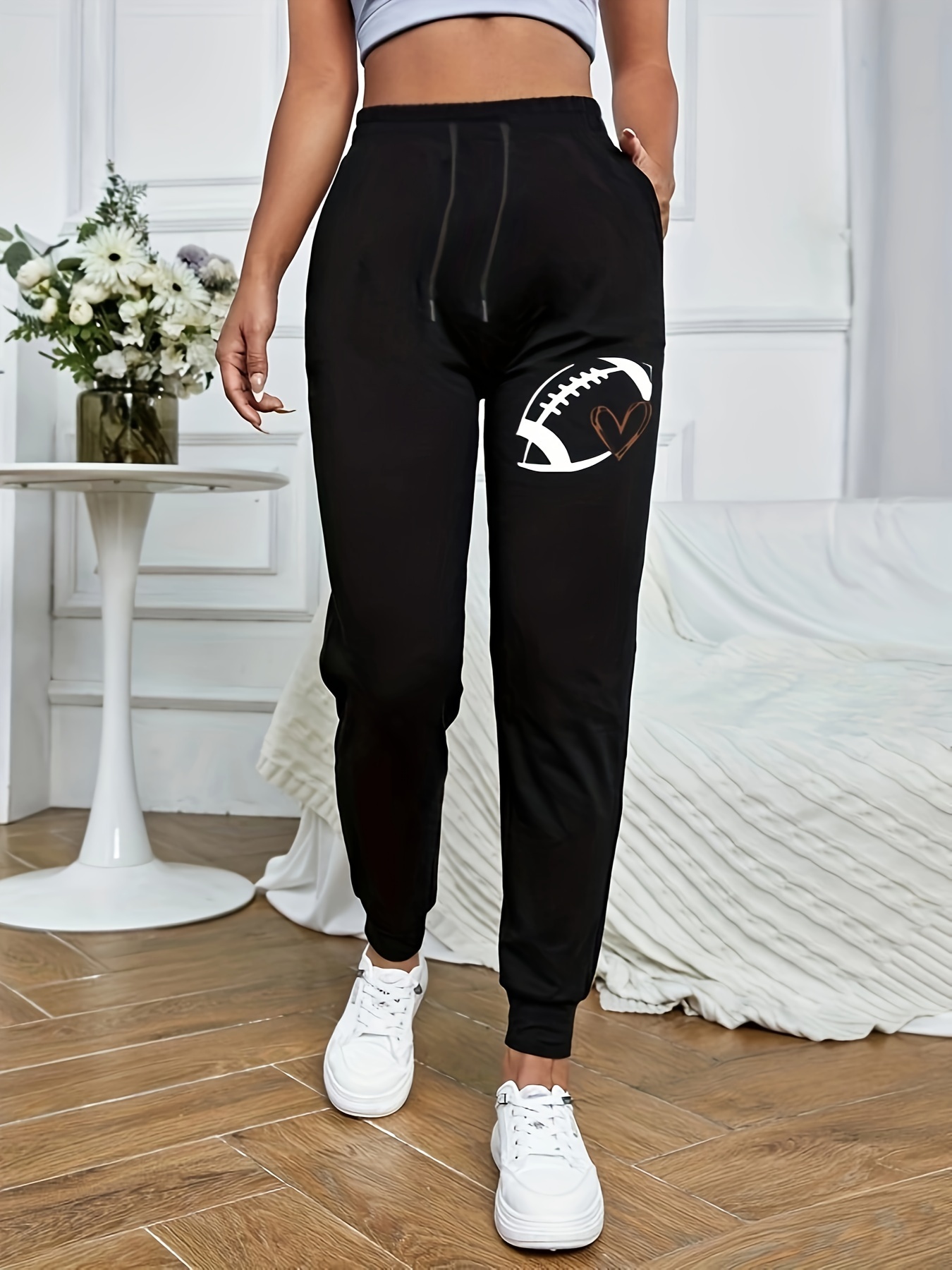 Football Heart Print Drawstring Pants Casual Jogger - Temu Canada