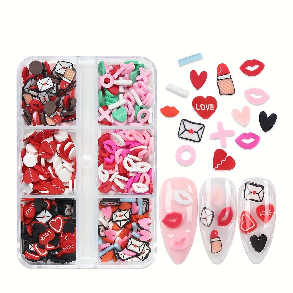 6 Grids Kawaii Nail Art Charms Red Love Heart Polymer Soft Clay