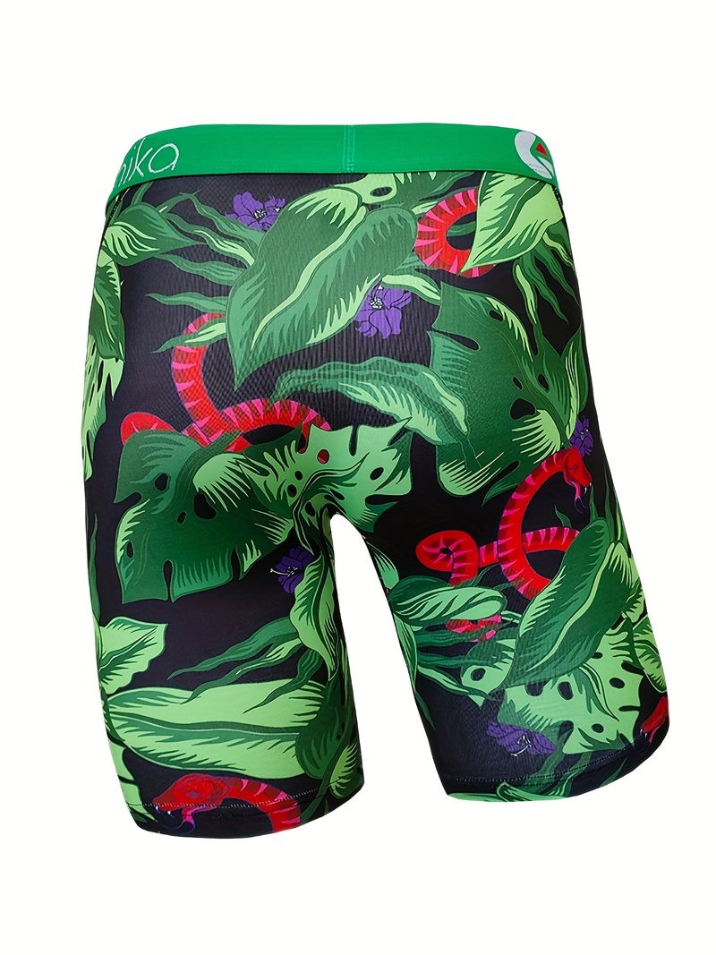 Men's Tropical Plants Print Breathable Boxer Briefs, Novelty Comfortable High Elastic Underwear details 3