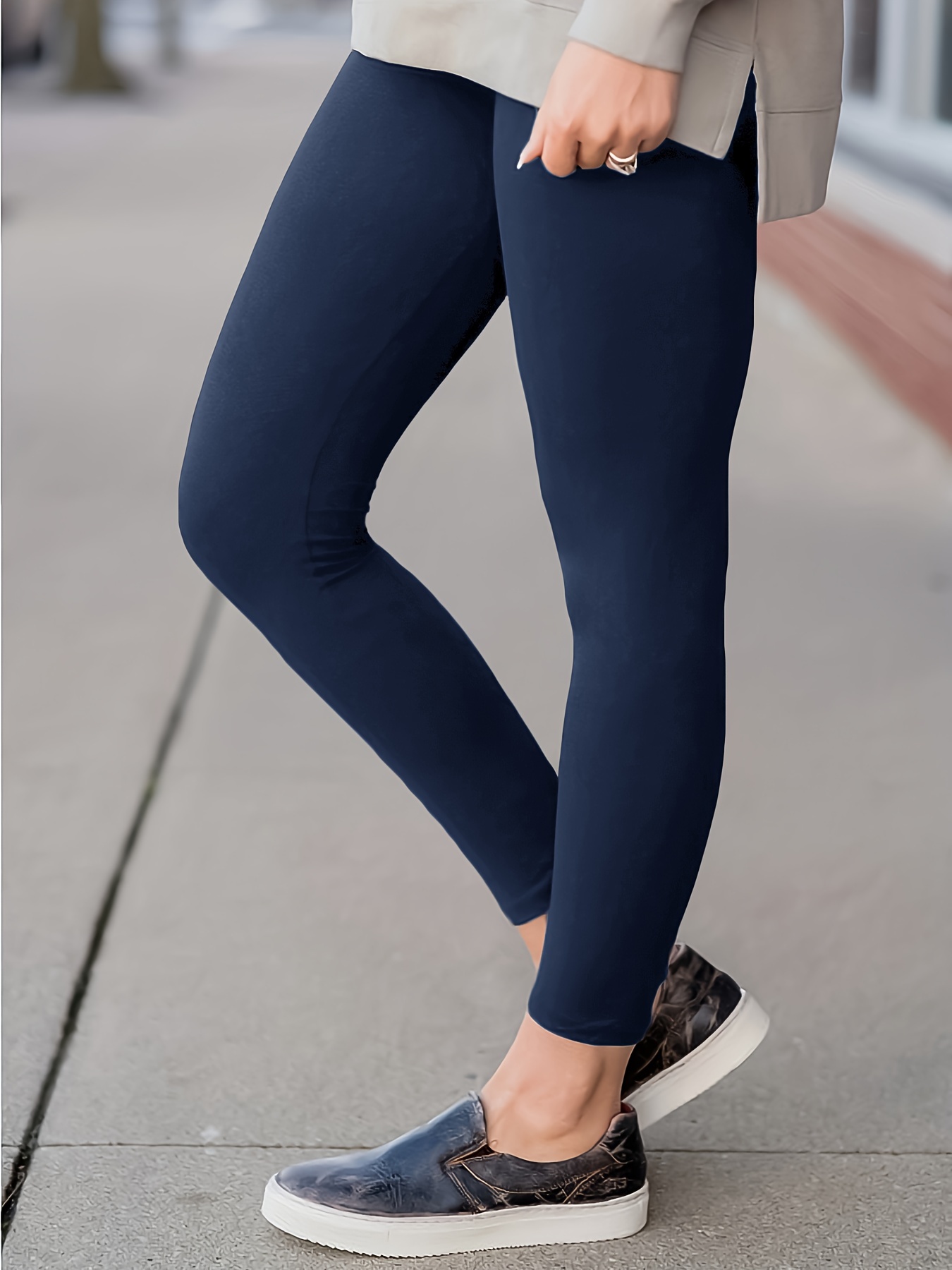 Casual Solid Regular Navy Blue Plus Size Leggings (Women's
