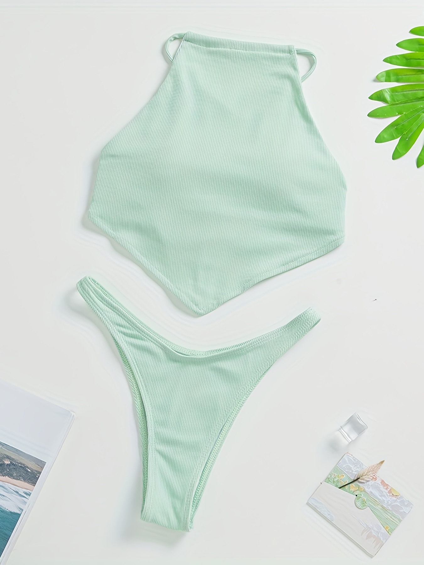 ZAFUL Textured Knotted Cheeky Bikini Swimwear In LIGHT GREEN