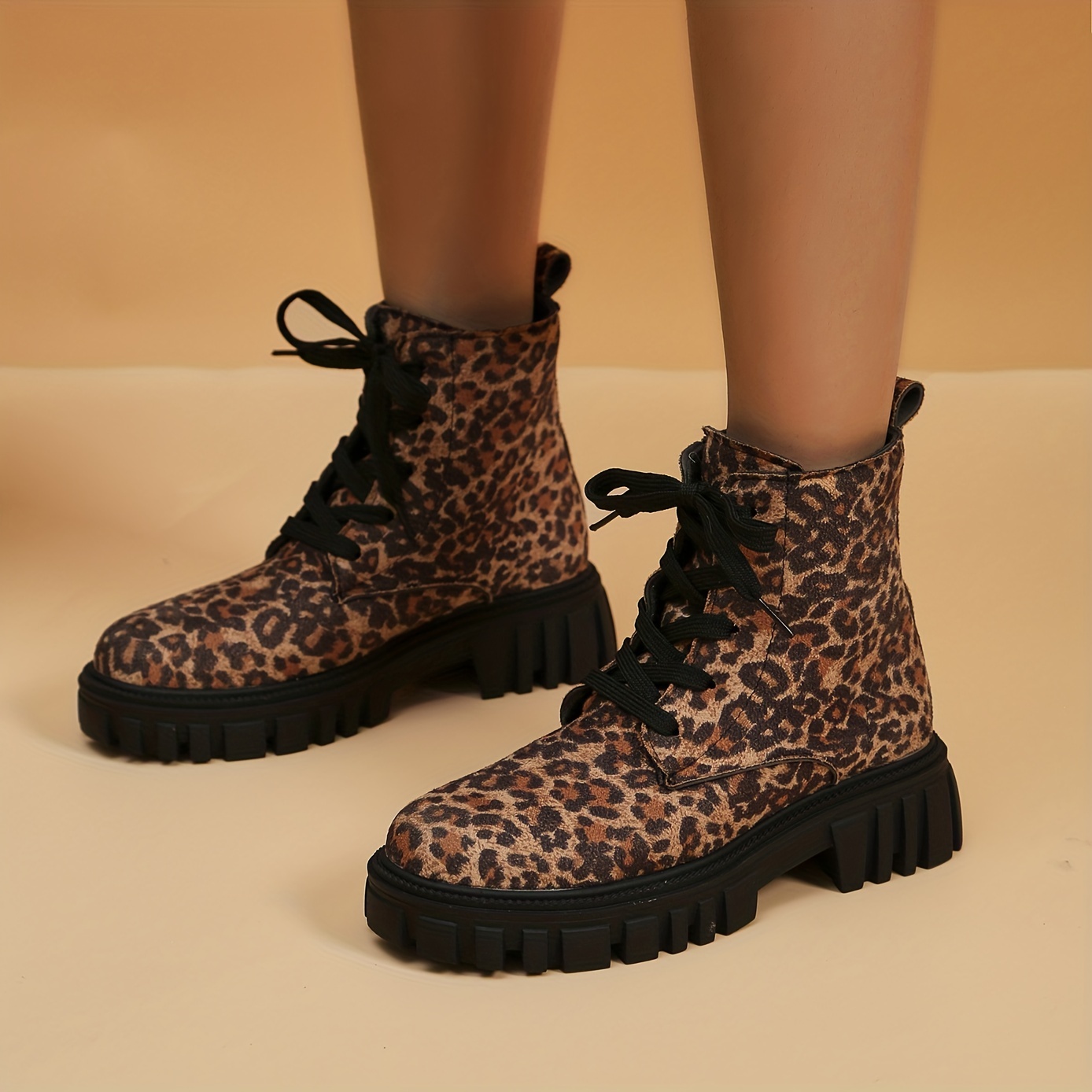 Women's Leopard Print Combat Boots, Fashion Lace Up Dress Boots,  Comfortable Ankle Boots
