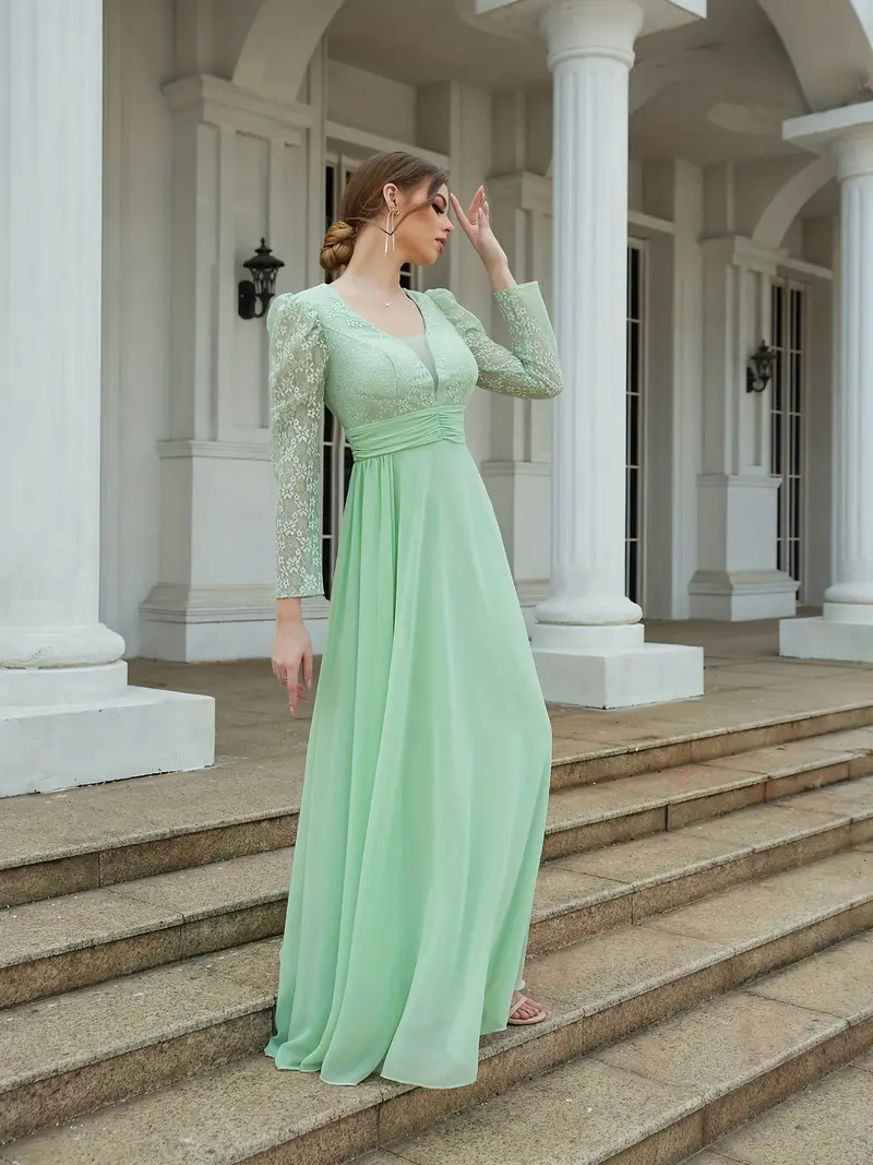Contrast Lace Solid Dress Elegant Long Sleeve High Waist - Temu