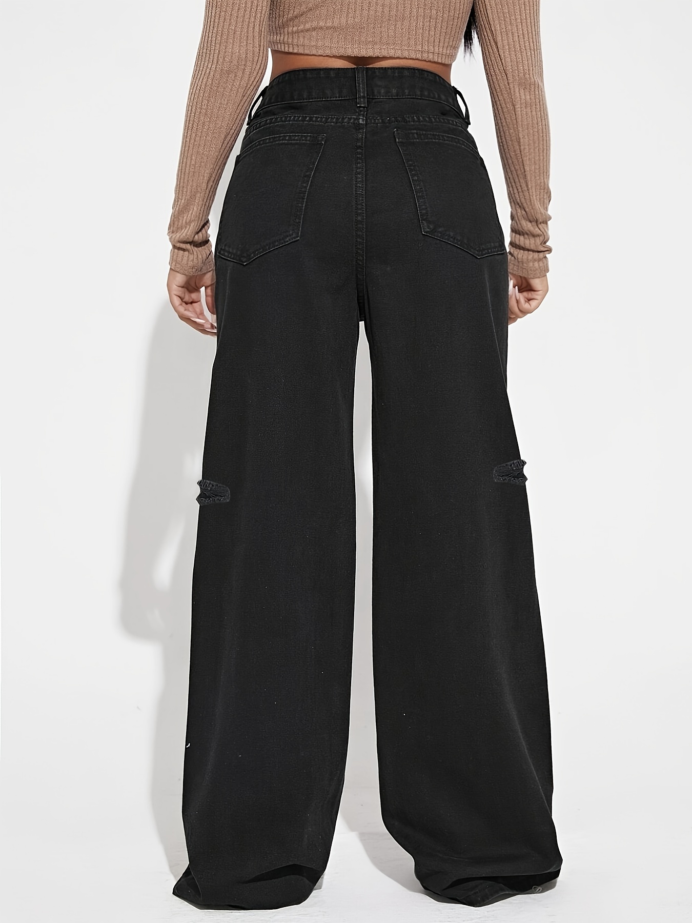 Black Ripped Holes Baggy Jeans Straight Legs Loose Fit Wide - Temu