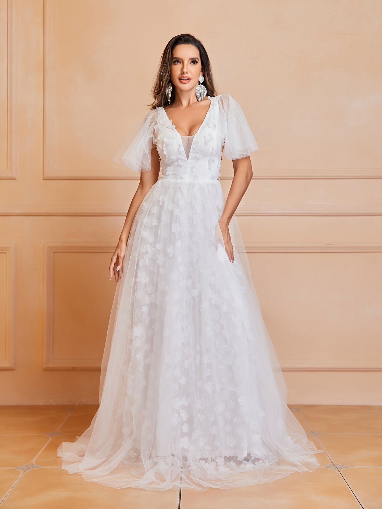Lace V neck Button Front Wedding Dress Elegant Short Sleeve - Temu Canada