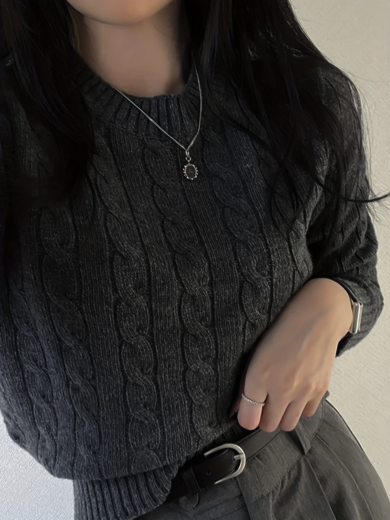 Pull Court à Câble pour Femmes Pull Chaud d'Hiver à Col Rond avec  Élasticité Moyenne, Haut Chic Uni Décontracté pour Petites Tailles,  Manchons Court